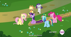 Size: 1535x813 | Tagged: safe, screencap, applejack, fluttershy, pinkie pie, rainbow dash, rarity, twilight sparkle, alicorn, pony, g4, twilight's kingdom, female, hub logo, mane six, mare, meme, twilight sparkle (alicorn), youtube caption