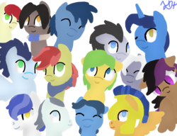 Size: 1000x768 | Tagged: safe, artist:geekypinkpony, blues, care package, eleventh hour, flash sentry, happy trails, lucky clover, night light, noteworthy, royal riff, silver shill, soarin', special delivery, stellar eclipse, toe-tapper, uncle orange, earth pony, pegasus, pony, unicorn, g4, apple family member, bowtie, male, royal guard, simple background, smiling, stallion, white background