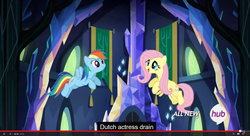 Size: 1600x870 | Tagged: safe, screencap, fluttershy, rainbow dash, g4, twilight's kingdom, hub logo, meme, youtube caption