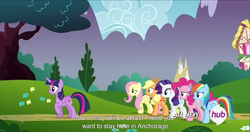 Size: 1536x813 | Tagged: safe, screencap, applejack, fluttershy, pinkie pie, rainbow dash, rarity, twilight sparkle, alicorn, pony, g4, twilight's kingdom, alaska, attract, female, hub logo, mane six, mare, meme, twilight sparkle (alicorn), youtube caption