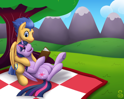 Size: 2500x2000 | Tagged: safe, artist:shrineheart, flash sentry, twilight sparkle, alicorn, pony, g4, book, cuddling, eye contact, female, frown, high res, male, mare, on back, picnic, picnic blanket, reading, ship:flashlight, shipping, sitting, smiling, snuggling, straight, tree, twilight sparkle (alicorn), under the tree, underhoof
