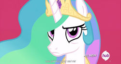 Size: 1536x811 | Tagged: safe, screencap, princess celestia, g4, twilight's kingdom, female, hub logo, meme, solo, youtube caption