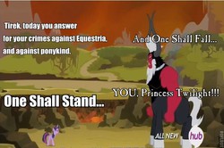 Size: 658x438 | Tagged: safe, screencap, lord tirek, twilight sparkle, alicorn, pony, g4, twilight's kingdom, female, hub logo, mare, quote, transformers, transformers prime, twilight sparkle (alicorn), twilight vs tirek