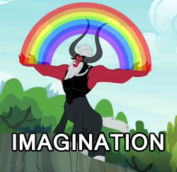 Size: 564x548 | Tagged: safe, edit, screencap, lord tirek, centaur, g4, twilight's kingdom, caption, idiot box, image macro, imagination, lord tirek's outstretched arms, male, meme, mountain, rainbow, solo, spongebob squarepants, tree