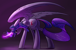 Size: 1789x1181 | Tagged: safe, artist:underpable, twilight sparkle, alicorn, pony, g4, twilight's kingdom, butt, curved horn, female, galaxy mane, glare, glowing horn, horn, looking at you, looking back, magic, mare, plot, solo, spread wings, the last unicorn, twibutt, twilight sparkle (alicorn), wide eyes
