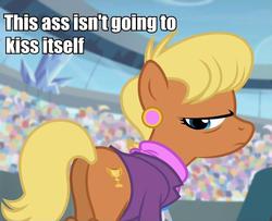 Size: 877x713 | Tagged: safe, edit, edited screencap, screencap, ms. harshwhinny, pony, equestria games (episode), g4, butt, caption, female, kiss my ass, mare, plot, plot worship, solo, text