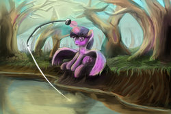 Size: 1500x1000 | Tagged: safe, artist:khyperia, twilight sparkle, alicorn, pony, g4, female, fishing, fishing rod, magic, mare, solo, twilight sparkle (alicorn)