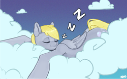 Size: 672x418 | Tagged: safe, artist:oops, derpy hooves, pegasus, pony, g4, cloud, cloudy, female, mare, sleeping, solo, zzz