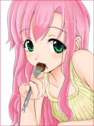 Size: 600x800 | Tagged: safe, artist:d-tomoyo, fluttershy, human, g4, eating, female, humanized, implying, simple background, solo, transparent background