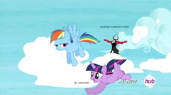 Size: 1276x710 | Tagged: safe, lord tirek, rainbow dash, twilight sparkle, alicorn, pony, g4, twilight's kingdom, female, hub logo, lel, lord tirek's outstretched arms, mare, meme, twilight sparkle (alicorn)