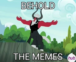 Size: 470x389 | Tagged: safe, screencap, lord tirek, g4, twilight's kingdom, cliff, hub logo, image macro, lord tirek's outstretched arms, male, meme, solo