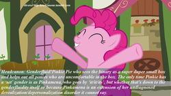 Size: 1280x720 | Tagged: safe, pinkie pie, earth pony, pony, g4, diverse-mlp-headcanons, genderfluid, headcanon, pinkamena diane pie, solo, text, transgender, wat