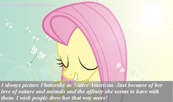 Size: 900x529 | Tagged: safe, fluttershy, pegasus, pony, g4, diverse-mlp-headcanons, egalitarianism, female, fetish, fluttersquaw, headcanon, lens flare, native american, racism, request, requested art, solo, stereotype, text