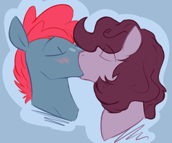 Size: 714x595 | Tagged: safe, artist:cottonsulk, apple split, oc, oc:cottonsulk, pony, g4, apple family member, blushing, canon x oc, duo, gay, kiss on the lips, kissing, male, shipping