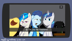 Size: 1280x720 | Tagged: dead source, safe, artist:modding madness, braeburn, dj pon-3, shining armor, soarin', vinyl scratch, pegasus, pony, unicorn, g4, bar, floppy ears, gay, gay bar, grin, joint, levitation, lidded eyes, magic, male, marijuana, no homo, open mouth, phone, photobomb, record scrape, rule 63, selfie, smiling, snapchat, telekinesis, wonderbolts uniform