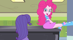Size: 1278x702 | Tagged: safe, screencap, pinkie pie, rarity, equestria girls, g4, my little pony equestria girls: rainbow rocks, player piano, boots, clothes, cute, diapinkes, duo, lockers, musical instrument, open mouth, piano, pinkie on a piano, raised leg, skirt
