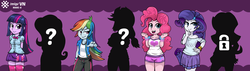 Size: 4320x1224 | Tagged: safe, artist:livesmutanon, applejack, fluttershy, pinkie pie, rainbow dash, rarity, sunset shimmer, twilight sparkle, human, equestria girls, g4, /mlp/vn, humane five, humane seven, humane six, question mark, silhouette