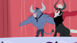 Size: 640x360 | Tagged: safe, edit, edited screencap, screencap, iron will, lord tirek, centaur, minotaur, taur, g4, putting your hoof down, twilight's kingdom, duo, lord tirek's outstretched arms, male, meme, necktie, nose piercing, nose ring, piercing, septum piercing, spread arms