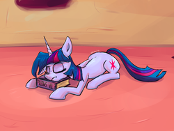 Size: 1200x900 | Tagged: safe, artist:senx, twilight sparkle, pony, unicorn, g4, book, bookhorse, eyes closed, female, prone, sleeping, solo, unicorn twilight