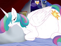 Size: 1280x960 | Tagged: safe, artist:m-p-l, princess celestia, princess luna, g4, annoyed, bed, bedroom eyes, frown, looking at you, pillow, preglestia, pregnant, prone, scrunchy face, smiling, story included, tired, unamused