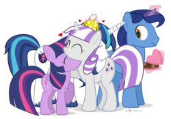 Size: 1290x900 | Tagged: safe, artist:dm29, night light, shining armor, twilight sparkle, twilight velvet, alicorn, pony, unicorn, g4, chocolate, cute, eating, female, heart, hug, magic, mare, mother's day, neck hug, new crown, simple background, sparkle family, transparent background, trio, twiabetes, twilight sparkle (alicorn)