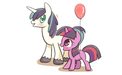 Size: 1300x800 | Tagged: safe, artist:joycall6, shining armor, twilight sparkle, pony, unicorn, g4, balloon, blushing, brother and sister, cute, female, filly, filly twilight sparkle, happy, male, shining adorable, siblings, teenage shining armor, teenager, twiabetes, younger