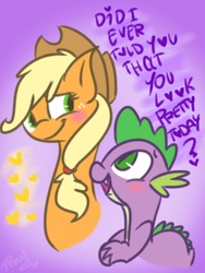 Size: 768x1024 | Tagged: safe, artist:leetle-pink-fudge, applejack, spike, g4, blushing, cute, dialogue, female, grammar error, male, ship:applespike, shipping, straight