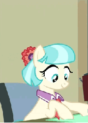 Size: 233x324 | Tagged: safe, screencap, coco pommel, pony, g4, twilight's kingdom, animated, chair, cocobetes, cropped, cute, fabric, female, manehattan, sewing, sitting, smiling, solo, working
