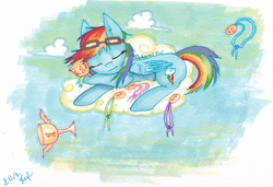 Size: 1610x1100 | Tagged: safe, artist:0okami-0ni, rainbow dash, g4, cloud, cloudy, female, goggles, medal, medals, sleeping, solo, traditional art, trophy