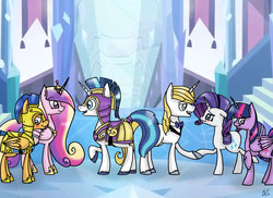 Size: 1024x745 | Tagged: safe, artist:lrusu, flash sentry, prince blueblood, princess cadance, rarity, shining armor, twilight sparkle, alicorn, pony, g4, blushing, female, male, mare, stallion, twilight sparkle (alicorn)