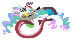 Size: 1024x578 | Tagged: safe, artist:kiananuva12, discord, princess celestia, oc, oc:chaos, hybrid, g4, female, interspecies offspring, male, offspring, parent:discord, parent:princess celestia, parents:dislestia, ship:dislestia, shipping, simple background, straight, transparent background