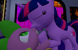 Size: 1600x1024 | Tagged: safe, artist:viranimation, spike, twilight sparkle, dragon, pony, unicorn, g4, 3d, duo, eyes closed, female, gmod, kiss on the lips, kissing, lips, male, mare, ship:twispike, shipping, straight