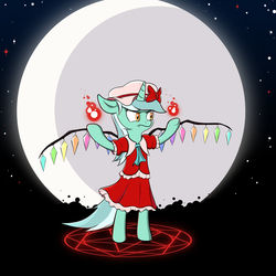 Size: 4000x4000 | Tagged: safe, artist:a-leksey, lyra heartstrings, pony, unicorn, g4, absurd resolution, bipedal, clothes, cosplay, dress, fangs, female, flandre scarlet, moon, pentagram, skirt, solo, touhou, wings