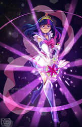 Size: 582x900 | Tagged: safe, artist:youkaiyume, twilight sparkle, human, g4, anime, big crown thingy, female, humanized, magic, magical girl, sailor moon (series), sailor senshi, sailor twilight, sailor uniform, solo, uniform, wand