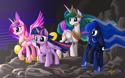 Size: 2560x1600 | Tagged: safe, artist:mysticalpha, princess cadance, princess celestia, princess luna, twilight sparkle, alicorn, pony, g4, alicorn tetrarchy, female, mare, sisters-in-law, twilight sparkle (alicorn), wallpaper