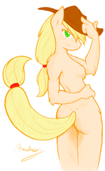 Size: 734x1194 | Tagged: safe, artist:ambris, artist:thenationmaker, applejack, earth pony, anthro, g4, ass, breasts, butt, featureless breasts, female, fluffy, nudity, simple background, solo