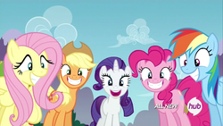 Size: 1920x1080 | Tagged: safe, screencap, applejack, fluttershy, pinkie pie, rainbow dash, rarity, g4, twilight's kingdom, faic, hub logo