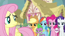 Size: 1920x1080 | Tagged: safe, screencap, applejack, fluttershy, pinkie pie, rainbow dash, rarity, spike, g4, twilight's kingdom, hub logo