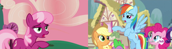 Size: 2500x720 | Tagged: safe, screencap, applejack, cheerilee, pinkie pie, rainbow dash, rarity, spike, g4, hearts and hooves day (episode), twilight's kingdom, comparison, hearts and hooves day