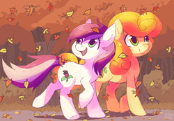 Size: 1024x718 | Tagged: safe, artist:sharmie, carrot top, golden harvest, roseluck, g4, autumn, leaves, open mouth, smiling, tree, walking