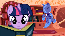Size: 640x360 | Tagged: safe, artist:warpout, edit, edited screencap, screencap, princess luna, twilight sparkle, g4, animated, blinking, book, cute, dancing, female, let's dance in the background, lunabetes, reading, s1 luna, smiling