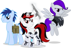Size: 3450x2339 | Tagged: safe, artist:vector-brony, oc, oc only, oc:blackjack, oc:morning glory (project horizons), oc:p-21, cyborg, pony, unicorn, fallout equestria, fallout equestria: project horizons, amputee, cybernetic legs, gun, high res, simple background, transparent background, vector