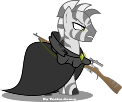 Size: 3833x3227 | Tagged: safe, artist:vector-brony, oc, oc only, oc:lancer, oc:lancer impalii, zebra, fallout equestria, fallout equestria: project horizons, cloak, clothes, fanfic art, fusion, gun, high res, rifle, simple background, solo, transparent background, vector, weapon, zebra oc