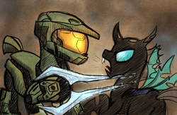 Size: 1024x668 | Tagged: safe, artist:drawponies, changeling, awesome, commission, crossover, halo (series), john-117, master chief