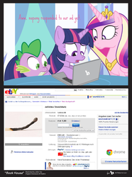 Size: 762x1024 | Tagged: safe, artist:dm29, edit, princess cadance, spike, twilight sparkle, g4, advertisement, comic, computer, ebay, german, laptop computer, match, trio, twilight's ad