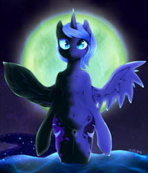 Size: 684x800 | Tagged: safe, artist:divided-s, nightmare moon, princess luna, alicorn, pony, semi-anthro, g4, :c, belly, belly button, bipedal, both cutie marks, corrupted, digital art, duality, featureless crotch, female, frown, human shoulders, humanoid torso, looking at you, mare, moon, night, nightmare luna, pixiv, s1 luna, solo, spread wings, transformation, water, wide hips, wings