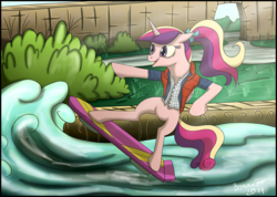 Size: 1200x854 | Tagged: safe, artist:bonaxor, princess cadance, pony, g4, back to the future, back to the future part 2, bipedal, crossover, female, hoverboard, solo, surfing