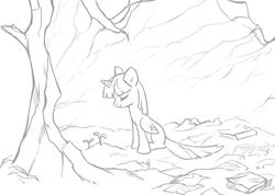 Size: 1100x784 | Tagged: safe, artist:tomatocoup, twilight sparkle, alicorn, pony, g4, twilight's kingdom, book, eyes closed, female, golden oaks library, mare, monochrome, save tree, sitting, sketch, smiling, solo, tree, twilight sparkle (alicorn)