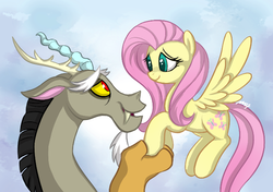 Size: 704x496 | Tagged: safe, artist:mn27, discord, fluttershy, draconequus, pegasus, pony, g4, female, male, mare, ship:discoshy, shipping, straight