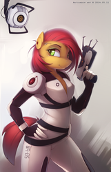 Size: 1587x2466 | Tagged: safe, artist:antiander, babs seed, android, earth pony, gynoid, robot, anthro, g4, bot seed, crossover, female, gun, hand on hip, no trigger discipline, personality core, portal (valve), roboticization, solo, space core